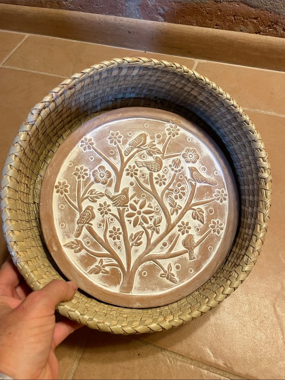 New Decorative Brown Terracotta bread warmer with Natural Woven Basket